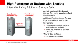 10 Copyright © 2012, Oracle and/or its affiliates. All rights reserved.
InfiniBand
Network
Oracle Exadata
Storage Cells
Oracle Exadata
Database Machine
High Performance Backup with Exadata
• Allocate additional HDD Exadata
Storage Servers for a dedicated Fast
Recovery Area
• Additional Exadata Storage Servers
must be installed in another rack
• Key Benefits
– Better failure isolation when using
separate backup hardware
– Allows use of lower cost space for
backups
• Only for data protection
– Unbalanced configuration
Internal or Using Additional Storage Cells
MAA
Best
Practice
 