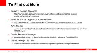 26 Copyright © 2012, Oracle and/or its affiliates. All rights reserved.
To Find out More
• Sun ZFS Backup Appliance
– http://www.oracle.com/us/products/servers-storage/storage/nas/zfs-backup-
appliance/overview/index.html
• Sun ZFS Backup Appliance documentation
– http://www.oracle.com/technetwork/documentation/oracle-unified-ss-193371.html
• MAA Guides
– www.oracle.com/technetwork/database/features/availability/exadata-maa-best-practices-
155385.html
• Oracle Recovery Manager
– www.oracle.com/technology/deploy/availability/htdocs/RMAN_Overview.htm
• Oracle StorageTek Tape
– www.oracle.com/us/products/servers-storage/storage/tape-storage/index.html
 