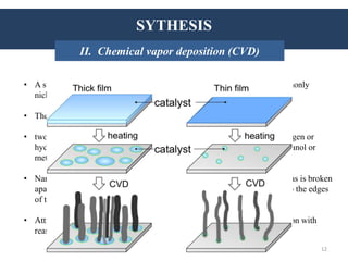 SYNTHESIS
• A substrate is prepared with a layer of metal catalyst particles, most commonly
nickel, cobalt, iron , or a combination.
• The substrate is heated to approximately 700°C.
• two gases are bled into the reactor: a process gas (such as ammonia , nitrogen or
hydrogen ) and a carbon-containing gas (such as acetylene , ethylene , ethanol or
methane ).
• Nanotubes grow at the sites of the metal catalyst; the carbon-containing gas is broken
apart at the surface of the catalyst particle, and the carbon is transported to the edges
of the particle, where it forms the nanotubes.
• Attracted attentions for its feasibility and potential for large-area production with
reasonable growth rates at relatively low temperatures.
INTRODUCTION: HistorySYTHESIS
II. Chemical vapor deposition (CVD)
12
 