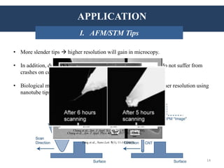 APPLICATIONS
• More slender tips  higher resolution will gain in microcopy.
• In addition, due to the high elasticity of the nanotubes, the tips do not suffer from
crashes on contact with the substrates.
• Biological molecules, such as DNA can also be imaged with higher resolution using
nanotube tips, compared to conventional STM tips.
INTRODUCTION: HistoryAPPLICATION
I. AFM/STM Tips
14
Tang et al., Nano Lett. 5(1), 11-14 (2005).
Si Tip
CNT Probe
Chang et al., Jpn. J. Appl. Sci. 43(7B), 4517-4520 (2004).
Chang et al., Jpn. J. Appl. Phys. 43(7B), 4517-4520 (2004).
 
