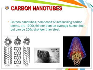 CARBON NANOTUBES
• Carbon nanotubes, composed of interlocking carbon
atoms, are 1000x thinner than an average human hair –
but can be 200x stronger than steel.

~10 nm

 
