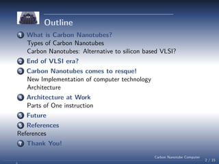 Outline
1

What is Carbon Nanotubes?
Types of Carbon Nanotubes
Carbon Nanotubes: Alternative to silicon based VLSI?

2

End of VLSI era?

3

Carbon Nanotubes comes to resque!
New Implementation of computer technology
Architecture

4

Architecture at Work
Parts of One instruction

5

Future

References
References
6

7

Thank You!
Carbon Nanotube Computer

2 / 15

 