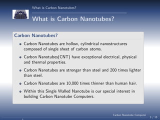 What is Carbon Nanotubes?

What is Carbon Nanotubes?
Carbon Nanotubes?
Carbon Nanotubes are hollow, cylindrical nanostructures
composed of single sheet of carbon atoms.
Carbon Nanotubes(CNT) have exceptional electrical, physical
and thermal properties.
Carbon Nanotubes are stronger than steel and 200 times lighter
than steel.
Carbon Nanotubes are 10,000 times thinner than human hair.
Within this Single Walled Nanotube is our special interest in
building Carbon Nanotube Computers.

Carbon Nanotube Computer

3 / 15

 