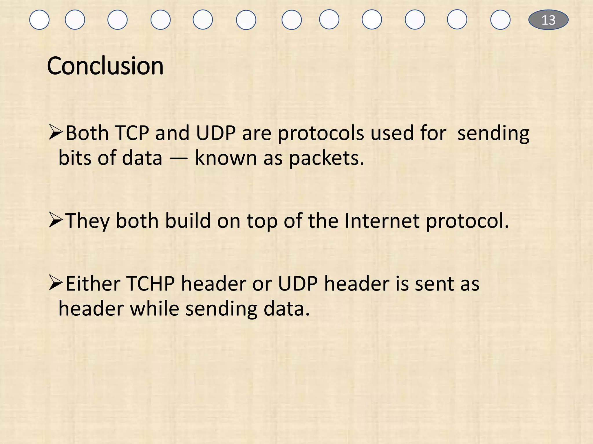 Conclusion
Both TCP and UDP are protocols used for sending
bits of data — known as packets.
They both build on top of the Internet protocol.
Either TCHP header or UDP header is sent as
header while sending data.
1 9 13
 