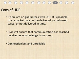 Cons of UDP
• There are no guarantees with UDP. It is possible
that a packet may not be delivered, or delivered
twice, or not delivered in time.
• Doesn’t ensure that communication has reached
receiver as acknowledge is not sent.
•Connectionless and unreliable
1 10
 