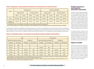 >> 20ª Semana Nacional em Defesa e Promoção da Educação Pública <<6
Tabela 1: Regras para a aposentadoria de professoras da educação básica em efetivo exercício
Critérios
REGRAS ATUAIS REGRAS DA REFORMA
Regime do INSS Servidores Públicos Regime do INSS Servidores Públicos
Mulher Homem Mulher Homem Mulher Homem Mulher Homem
Idade Não exige Não exige 50 anos 55 anos 60 anos 60 anos 60 anos 60 anos
Tempo de
contribuição*
25 anos 30 anos 25 anos 30 anos 40 anos 40 anos 40 anos 40 anos
*TempoexigidoparaalcançarosmaioresbenefíciosdeaposentadorianosregimesprópriosdePrevidência(serviçopúblico)eINSS.
OBS:Comareforma,asprofessoraseosprofessoressomentepoderãoacessaraaposentadoriaapós30anosdecontribuição,obtendo,nessecaso,80%damédiadetodasascontribuições.
A aposentadoria especial do magistério praticamente acaba com a reforma, sobretudo para as professoras que terão a idade reduzi-
da em apenas 2 anos em relação às demais trabalhadores (atualmente são 5 anos), tendo ainda que contribuir por dez anos a mais no
regime celetista e 5 anos extras nos regimes próprios (serviço público), também em comparação às demais categorias profissionais.
Tabela 2: Contribuição mínima e remuneração correspondente previstas na Reforma da Previdência
INSS Serviço Público
Não docente (outras profissões) Professor/a Não docente (outras profissões) Professor/a
Contribuição Remuneração Contribuição Remuneração Contribuição Remuneração Contribuição Remuneração
20 anos* 60% - - - - - -
25 anos 70% - - 25 anos* 70% - -
30 anos 80% 30 anos* 80% 30 anos 80% 30 anos* 80%
35 anos 90% 35 anos 90% 35 anos 90% 35 anos 90%
40 anos 100% 40 anos 100% 40 anos 100% 40 anos 100%
*Tempo obrigatório de contribuição para poder acessar a aposentadoria proporcional. Antes de 30 anos de contribuição o/a professor/a não poderá se aposentar em hipótese
alguma, diferente de outros profissionais (INSS aos 20 anos e demais servidores públicos, 25 anos).
OBS: No ambiente escolar, o/a professor/a terá que contribuir por mais tempo em relação aos colegas Especialistas (suporte pedagógico) e Funcionários Administrativos, inver-
tendo a regra atual e a lógica de se compensar o desgaste em sala de aula.
Principais regras para os
atuais segurados,
aposentados e pensionistas
A reforma da Previdência atinge a
todos os cidadãos/ãs, sejam eles/
as trabalhadores/as da ativa, be-
neficiários, aposentados/as ou
pensionistas. Além da diminuição
dos benefícios destacados acima,
areformaaumentaimediatamente
para 14% as alíquotas de contri-
buição para ativos, aposentados
e pensionistas do INSS e regimes
próprios,podendo,futuramente,as
mesmasvariarementre7,5%e22%.
O Estado também poderá criar
contribuições extraordinárias, por
período de até 20 anos, para cobrir
supostos déficits em todos os re-
gimes de Previdência, exercendo
verdadeiro confisco sobre a Apo-
sentadoria dos/as brasileiros/as.
Regime de Transição
Quem não conseguir se aposen-
tar até a data de promulgação
da nova Emenda Constitucional,
terá que cumprir um severo pe-
dágio que combina aumento na
idade e no tempo de contribui-
ção até atingir uma pontuação
bem acima da média exigida
atualmente para se aposentar.
Vejamos alguns exemplos:
 