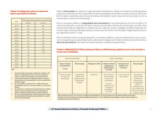 >> 20ª Semana Nacional em Defesa e Promoção da Educação Pública << 7
Tabela 3: Pedágio para quem se aposentar
após a aprovação da reforma
ANO
Pontuação: idade + tempo de contribuição
Mulher Homem
2019 86 96
2020 87 97
2021 88 98
2022 89 99
2023 90 100
2024 91 101
2025 92 102
2026 93 103
2027 94 104
2028 95 105
2029 96 -
2030 97 -
2031 98 -
2032 99 -
2033 100 -
OBS:
1.	 Ao final da tabela de transição as idades das mulheres e dos
homens corresponderão a 60 anos e 65 anos, respectiva-
mente, e o tempo de contribuição a 40 anos para ambos.
2.	 A pontuação da tabela será majorada conforme o aumento
da expectativa de vida da população. Futura lei complementar
definirá as regras!
3.	 No serviço público, a partir de 2022, a idade mínima para
aposentadoria será de 57 anos para mulheres e 62 anos para
homens.
4.	 Aos professores e professoras da educação básica, em efetivo
exercício, aplica-se a redução de 5 anos na pontuação da
tabela e na idade limite prevista para servidores públicos.
5.	 No caso de segurados celetistas, a reforma prevê outros critérios
de aposentadoria (também gravosos) que poderão ser consulta-
dos no site www.cnte.org.br.
Sobre a remuneração (ver tabela 2), a regra da proporcionalidade em relação ao tempo de contribuição passa
a valer para todos/as que não se aposentarem até a promulgação da Emenda, iniciando a base de cálculo em
60% do salário contributivo para 20 anos de efetiva contribuição. A partir desse referencial, acresce-se 2% na
remuneração a cada ano de contribuição.
Para os servidores públicos, a integralidade dos vencimentos só será alcançada aos 65 anos de idade e 35
anos de contribuição, no caso dos homens, e aos 62 anos de idade e 30 anos de contribuição, se mulher. Para
os/as profissionais do magistério em efetivo exercício, além de cumprir o pedágio da tabela 3 (reduzido em
5 anos), exige-se 60 anos de idade (ambos os sexos) para ter direito à remuneração integral (apenas para os
que ingressaram até 31.12.03).
À luz do instituto jurídico do direito adquirido, os servidores públicos, inclusive professores/as, que cumpri-
rem os requisitos para a aposentadoria até a data de promulgação da Emenda Constitucional, terão direito ao
abono de permanência, não sendo necessário antecipar o pedido de aposentadoria.
Tabela 4: SIMULAÇÃO DE CASO: professora filiada ao RPPS (serviço público) com 49 anos de idade e
24 anos de contribuição.
ANTES DA REFORMA APÓS A REFORMA
Tempo restante
para aposentar
(1 ano)
Remuneração Pedágio em 2020 Critérios mínimos
exigidos para
aposentadoria
em 2020
Tempo extra de
trabalho com
a reforma
Remuneração
50 anos de idade
e 25 anos de
contribuição
Integralidade
salarial, pois
ingressou antes
de dezembro
de 2003.
82 pontos Pelo menos 54
anos de idade
e 28 anos de
contribuição.
Ou seja: a
professora não
conseguirá
se aposentar
em 2020.
+ 4 anos, além do
1 ano original.
Terá direito a
76% da média
contributiva.
Para alcançar
a integralidade
salarial a
professora terá
que trabalhar até
60 anos de idade,
10 anos a mais!
OBS: A professora ainda corre o risco de ter o pedágio majorado (tabela 3), uma vez que futura lei complementar definirá novos limites
de idade com base na expectativa de vida da população (aumento de 1 ano na idade para a aposentadoria a cada 6 meses acrescidos na
expectativa de vida do/a brasileiro/a).
 