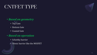 CNTFET TYPE
• Based on geometry
• Top Gate
• Bottom Gate
• Coaxial Gate
• Based on operation
• Schottky barrier
• Ohmic barrier like the MOSFET
 