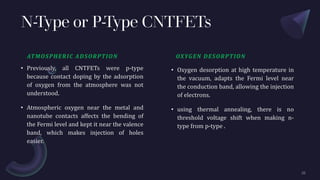 N-Type or P-Type CNTFETs
ATMOSPHERIC ADSORPTION
• Previously, all CNTFETs were p-type
because contact doping by the adsorp...