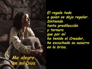 El regala todo  a quien se deja regalar. Sintiendo  tanta predilección  y ternura que por mí  ha tenido el Creador, he escuchado su susurro  en la brisa. Me alegro  en mi Dios 