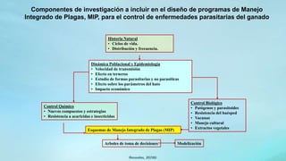 (Benavides, 2015©)
Componentes de investigación a incluir en el diseño de programas de Manejo
Integrado de Plagas, MIP, para el control de enfermedades parasitarias del ganado
Historia Natural
• Ciclos de vida.
• Distribución y frecuencia.
Dinámica Poblacional y Epidemiología
• Velocidad de transmisión
• Efecto en terneros
• Estudio de formas parasitarias y no parasíticas
• Efecto sobre los parámetros del hato
• Impacto económico
Esquemas de Manejo Integrado de Plagas (MIP)
Control Químico
• Nuevos compuestos y estrategias
• Resistencia a acaricidas e insecticidas
Control Biológico
• Patógenos y parasitoides
• Resistencia del huésped
• Vacunas
• Manejo cultural
• Extractos vegetales
Arboles de toma de decisiones Modelización
 