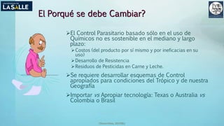 (Benavides, 2015©)
El Porqué se debe Cambiar?
El Control Parasitario basado sólo en el uso de
Químicos no es sostenible en el mediano y largo
plazo:
Costos (del producto por sí mismo y por ineficacias en su
uso)
Desarrollo de Resistencia
Residuos de Pesticidas en Carne y Leche.
Se requiere desarrollar esquemas de Control
apropiados para condiciones del Trópico y de nuestra
Geografía
Importar vs Apropiar tecnología: Texas o Australia vs
Colombia o Brasil
 