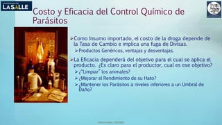 (Benavides, 2015©)
Costo y Eficacia del Control Químico de
Parásitos
Como Insumo importado, el costo de la droga depende de
la Tasa de Cambio e implica una fuga de Divisas.
Productos Genéricos, ventajas y desventajas.
La Eficacia dependerá del objetivo para el cual se aplica el
producto. ¿Es claro para el productor, cual es ese objetivo?
¿“Limpiar” los animales?
¿Mejorar el Rendimiento de su Hato?
¿Mantener los Parásitos a niveles inferiores a un Umbral de
Daño?
 