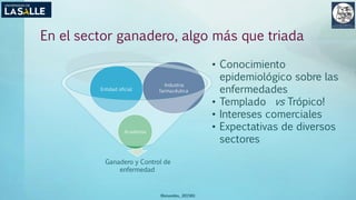 En el sector ganadero, algo más que triada
Ganadero y Control de
enfermedad
Academia
Entidad oficial
Industria
farmacéutica
(Benavides, 2015©)
• Conocimiento
epidemiológico sobre las
enfermedades
• Templado vs Trópico!
• Intereses comerciales
• Expectativas de diversos
sectores
 