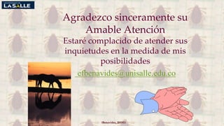 (Benavides, 2015©)
Agradezco sinceramente su
Amable Atención
Estaré complacido de atender sus
inquietudes en la medida de mis
posibilidades
efbenavides@unisalle.edu.co
 