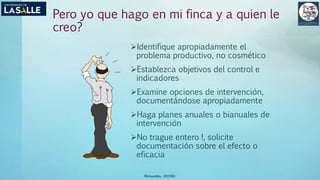 Pero yo que hago en mi finca y a quien le
creo?
Identifique apropiadamente el
problema productivo, no cosmético
Establezca objetivos del control e
indicadores
Examine opciones de intervención,
documentándose apropiadamente
Haga planes anuales o bianuales de
intervención
No trague entero !, solicite
documentación sobre el efecto o
eficacia
(Benavides, 2015©)
 