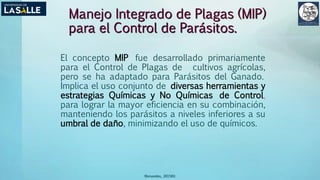 (Benavides, 2015©)
Manejo Integrado de Plagas (MIP)
para el Control de Parásitos.
El concepto MIP fue desarrollado primariamente
para el Control de Plagas de cultivos agrícolas,
pero se ha adaptado para Parásitos del Ganado.
Implica el uso conjunto de diversas herramientas y
estrategias Químicas y No Químicas de Control,
para lograr la mayor eficiencia en su combinación,
manteniendo los parásitos a niveles inferiores a su
umbral de daño, minimizando el uso de químicos.
 