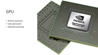 GPU
• Matrices operations
• Code optimisation
• Dedicated computing
 