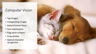 Computer Vision
• Tag images
• Categorizing images
• Detect human faces
• Face expressions
• Flag adult content
• Crop photos
• Optical character
recognition
 