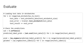 Evaluate
# Loading test data in minibatches
for i in range(num_minibatches_to_test):
test_data = test_minibatch_data(test_minibatch_size)
eval_error = trainer.test_minibatch(test_data)
test_result += eval_error
# Check the predictions
out = C.softmax(z)
predicted_label_prob = [out.eval(test_data[i]) for i in range(len(test_data))]
pred = [np.argmax(predicted_label_prob[i]) for i in range(len(predicted_label_prob))]
gtlabel = [np.argmax(test_label[i]) for i in range(len(test_label))]
 