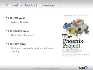 12 Copyright ©2014 CollabNet, Inc. All Rights Reserved.
• The first way:
– Systems Thinking
• The second way:
– Amplify feedback loops
• The third way:
– Culture of continual experimentation and
learning
A model for DevOps Empowerment
 
