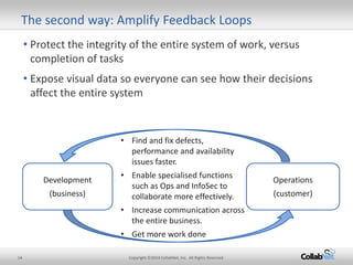 14 Copyright ©2014 CollabNet, Inc. All Rights Reserved.
• Protect the integrity of the entire system of work, versus
completion of tasks
• Expose visual data so everyone can see how their decisions
affect the entire system
The second way: Amplify Feedback Loops
Operations
(customer)
Development
(business)
• Find and fix defects,
performance and availability
issues faster.
• Enable specialised functions
such as Ops and InfoSec to
collaborate more effectively.
• Increase communication across
the entire business.
• Get more work done
 
