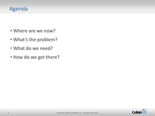 3 Copyright ©2014 CollabNet, Inc. All Rights Reserved.
• Where are we now?
• What’s the problem?
• What do we need?
• How do we get there?
Agenda
 