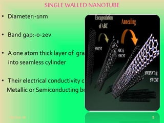 SINGLE WALLED NANOTUBE
• Diameter:-1nm
• Band gap:-0-2ev
• A one atom thick layer of graphene
into seamless cylinder
• Their electrical conductivity can show
Metallic or Semiconducting behaviour.
20-Oct-18 5
 
