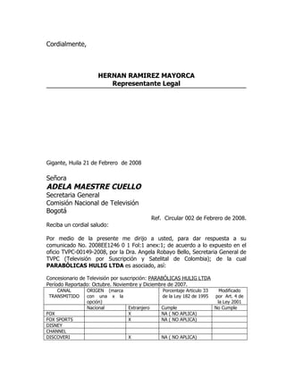 Cordialmente,



                     HERNAN RAMIREZ MAYORCA
                        Representante Legal




Gigante, Huila 21 de Febrero de 2008

Señora
ADELA MAESTRE CUELLO
Secretaria General
Comisión Nacional de Televisión
Bogotá
                                              Ref. Circular 002 de Febrero de 2008.
Reciba un cordial saludo:

Por medio de la presente me dirijo a usted, para dar respuesta a su
comunicado No. 2008EE1246 0 1 Fol:1 anex:1; de acuerdo a lo expuesto en el
oficio TVPC-00149-2008, por la Dra. Angela Robayo Bello, Secretaria General de
TVPC (Televisión por Suscripción y Satelital de Colombia); de la cual
PARABÓLICAS HULIG LTDA es asociado, así:

Concesionario de Televisión por suscripción: PARABÓLICAS HULIG LTDA
Período Reportado: Octubre. Noviembre y Diciembre de 2007.
   CANAL        ORIGEN (marca                     Porcentaje Articulo 33     Modificado
TRANSMITIDO     con una x la                      de la Ley 182 de 1995    por Art. 4 de
                opción)                                                     la Ley 2001
                Nacional         Extranjero      Cumple                    No Cumple
FOX                              X               NA ( NO APLICA)
FOX SPORTS                       X               NA ( NO APLICA)
DISNEY
CHANNEL
DISCOVERI                        X               NA ( NO APLICA)
 