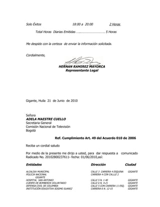 Solo Éxitos                           18:00 a 20:00            2 Horas

       Total Horas Diarias Emitidas …..………………………. 5 Horas


Me despido con la certeza de enviar la información solicitada.


Cordialmente,


                        HERNAN RAMIREZ MAYORCA
                           Representante Legal




Gigante, Huila 21 de Junio de 2010



Señora
ADELA MAESTRE CUELLO
Secretaria General
Comisión Nacional de Televisión
Bogotá

                      Ref. Cumplimiento Art. 49 del Acuerdo 010 de 2006

Reciba un cordial saludo

Por medio de la presente me dirijo a usted, para dar respuesta a         comunicado
Radicado No. 20102800237611- fecha: 01/06/2010,así:

Entidades                                        Dirección                     Ciudad

ALCALDIA MUNICIPAL                               CALLE 3 CARRERA 4 ESQUINA      GIGANTE
POLICIA NACIONAL                                 CARRERA 4 CON CALLLE 2
        GIGANTE
HOSPITAL SAN ANTONIO                             CALLE 5 N. 1-40                GIGANTE
CUERPO DE BOMBEROS VOLUNTARIO                    CALLE 6 N. 4-21                GIGANTE
DEFENSA CIVIL DE COLOMBIA                        CALLE 5 CON CARRERA 11 ESQ.    GIGANTE
INSTITUCIÓN EDUCATIVA SOSIMO SUAREZ              CARRERA 6 N. 12-15             GIGANTE
 