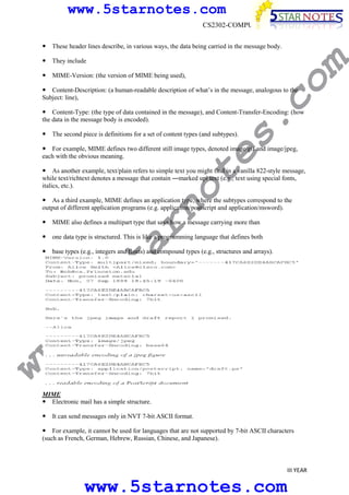 www.5starnotes.com
CS2302-COMPUTER NETWORKS
These header lines describe, in various ways, the data being carried in the message body.

m

They include

co

MIME-Version: (the version of MIME being used),
Content-Description: (a human-readable description of what’s in the message, analogous to the
Subject: line),

s.

Content-Type: (the type of data contained in the message), and Content-Transfer-Encoding: (how
the data in the message body is encoded).
The second piece is definitions for a set of content types (and subtypes).

te

For example, MIME defines two different still image types, denoted image/gif and image/jpeg,
each with the obvious meaning.

no

As another example, text/plain refers to simple text you might find in a vanilla 822-style message,
while text/richtext denotes a message that contain ―marked upǁ text (e.g., text using special fonts,
italics, etc.).
As a third example, MIME defines an application type, where the subtypes correspond to the
output of different application programs (e.g. application/postscript and application/msword).

ar

MIME also defines a multipart type that says how a message carrying more than
one data type is structured. This is like a programming language that defines both

ww

w.
5s
t

base types (e.g., integers and floats) and compound types (e.g., structures and arrays).

MIME
Electronic mail has a simple structure.
It can send messages only in NVT 7-bit ASCII format.
For example, it cannot be used for languages that are not supported by 7-bit ASCII characters
(such as French, German, Hebrew, Russian, Chinese, and Japanese).

III YEAR

www.5starnotes.com

 