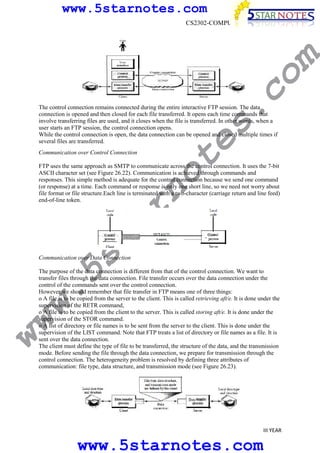 www.5starnotes.com

s.

co

m

CS2302-COMPUTER NETWORKS

te

The control connection remains connected during the entire interactive FTP session. The data
connection is opened and then closed for each file transferred. It opens each time commands that
involve transferring files are used, and it closes when the file is transferred. In other words, when a
user starts an FTP session, the control connection opens.
While the control connection is open, the data connection can be opened and closed multiple times if
several files are transferred.
Communication over Control Connection

w.
5s
t

ar

no

FTP uses the same approach as SMTP to communicate across the control connection. It uses the 7-bit
ASCII character set (see Figure 26.22). Communication is achieved through commands and
responses. This simple method is adequate for the control connection because we send one command
(or response) at a time. Each command or response is only one short line, so we need not worry about
file format or file structure.Each line is terminated with a two-character (carriage return and line feed)
end-of-line token.

Communication over Data Connection

ww

The purpose of the data connection is different from that of the control connection. We want to
transfer files through the data connection. File transfer occurs over the data connection under the
control of the commands sent over the control connection.
However,we should remember that file transfer in FTP means one of three things:
o A file is to be copied from the server to the client. This is called retrieving aft/e. It is done under the
supervision of the RETR command,
o A file is to be copied from the client to the server. This is called storing aft/e. It is done under the
supervision of the STOR command.
o A list of directory or file names is to be sent from the server to the client. This is done under the
supervision of the LIST command. Note that FTP treats a list of directory or file names as a file. It is
sent over the data connection.
The client must define the type of file to be transferred, the structure of the data, and the transmission
mode. Before sending the file through the data connection, we prepare for transmission through the
control connection. The heterogeneity problem is resolved by defining three attributes of
communication: file type, data structure, and transmission mode (see Figure 26.23).

III YEAR

www.5starnotes.com

 