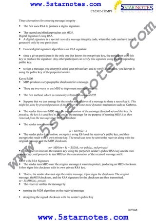www.5starnotes.com
CS2302-COMPUTER NETWORKS

The first uses RSA to produce a digital signature.

co

The second and third approaches use MD5.
Digital Signature Using RSA
A digital signature is a special case of a message integrity code, where the code can have been
generated only by one participant.

m

Three alternatives for ensuring message integrity

s.

Easiest digital signature algorithm is an RSA signature.

te

since a given participant is the only one that knows its own private key, the participant uses this
key to produce the signature. Any other participant can verify this signature using the corresponding
public key.
to sign a message, you encrypt it using your private key, and to verify a signature, you decrypt it
using the public key of the purported sender.

no

Keyed MD5
MD5 produces a cryptographic checksum for a message.

There are two ways to use MD5 to implement message integrity.

ar

The first method, which is commonly referred to as keyedMD5
Suppose that we can arrange for the sender and receiver of a message to share a secret key k. This
might be done by preconfiguration of the key, or by some more dynamic mechanism such as Kerberos.

w.
5s
t

The sender then runs MD5 over the concatenation of the message (denoted m) and this key. In
practice, the key k is attached to the end of the message for the purpose of running MD5; k is then
removed from the message once MD5 is finished.
The sender now transmits

m+ MD5(m+ k
The sender picks k at random, encrypts it using RSA and the receiver’s public key, and then
encrypts the result with it own private key. The result can now be sent to the receiver along with the
original message and the MD5 checksum.

ww

m+ MD5(m+ k) + E(E((k, rcv public), snd private)
The receiver recovers the random key using the purported sender’s public RSA key and its own
private key, and proceeds to run MD5 on the concatenation of the received message and k.
MD5 with RSA Signature
The sender runs MD5 over the original message it wants to protect, producing an MD5 checksum.
It then signs this checksum with its own private RSA key.

That is, the sender does not sign the entire message, it just signs the checksum. The original
message, theMD5checksum, and the RSA signature for the checksum are then transmitted.
m+ E(MD5(m), private
The receiver verifies the message by
running the MD5 algorithm on the received message
decrypting the signed checksum with the sender’s public key

III YEAR

www.5starnotes.com

 