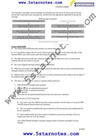www.5starnotes.com

te

s.

co

The message is encoded to prevent damage by mail gateways and sent to B. On receipt, B uses his
private key to decrypt the per-message key, and then uses the appropriate algorithm to decrypt the
message.
PGP message encryption.

m

CS2302-COMPUTER NETWORKS

no

Secure Shell (SSH)
The Secure Shell (SSH) provides security to a remote login service.

It is intended to replace the less secure Telnet and rlogin programs used in the early days of the
Internet SSH is most often used to provide strong client/server authentication.

ar

The SSH client runs on the user’s desktop machine and the SSH server runs on some remote
machine that the user wants to log into.
but it also supports message integrity and confidentiality

w.
5s
t

When the users login, both their passwords and all the data they send or receive potentially passes
through countless un trusted networks.
SSH provides a way to encrypt the data sent over these connections and to improve the strength of
the authentication mechanism they use to login.
The latest version of SSH, version 2, consists of three protocols:
1. SSH-TRANS: a transport layer protocol

ww

2. 2. SSH-AUTH: an authentication protocol
3. 3. SSH-CONN: a connection protocol
4. SSH-TRANS
It provides an encrypted channel between the client and server machines.

It runs on top of a TCP connection.
Any time a user uses SSH to log onto a remote machine, the first step is to set up an SSHTRANS channel between those two machines.
The two machines establish this secure channel by first having the client authenticate the
server using RSA.
Once authenticated, the client and server establish a session key that they will use to
encrypt any data sent over the channel.
Also, SSH-TRANS includes a message integrity check of all data exchanged over the
channel.

III YEAR

www.5starnotes.com

 