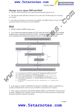 www.5starnotes.com
CS2302-COMPUTER NETWORKS

Message Access Agent: POP and IMAP

co

The direction of the bulk data is from the server to the client. The third stage uses a message
access agent

m

They are called a pull protocol; the client must pull messages from the server.

s.

Currently two message access protocols are available: Post Office Protocol, version 3 (POP3)
and Internet Mail Access Protocol, version 4 (IMAP4).

IMAP
IMAP is similar to SMTP in many ways.

ww

w.
5s
t

ar

no

te

It is a client/server protocol running over TCP, where the client (running on user’s desktop
machine) issues commands in the form of <CRLF>-terminated ASCII text lines and the mail
server (running on the machine that maintains the user’s mailbox) responds in kind.

In this diagram, LOGIN, AUTHENTICATE, SELECT, EXAMINE, CLOSE, and LOGOUT are
example commands that the client can issue, while OK is one possible server response.
Other common commands include FETCH, STORE, DELETE, and EXPUNGE, with the obvious
meanings. Additional server responses include NO (client does not have permission to perform that
operation) and BAD (command is ill formed).

III YEAR

www.5starnotes.com

 