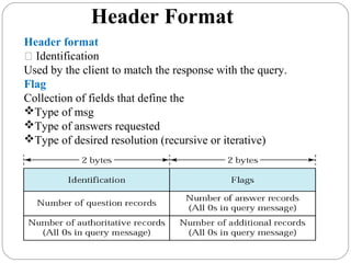 Header Format
Header format
 Identification
Used by the client to match the response with the query.
Flag
Collection of fields that define the
Type of msg
Type of answers requested
Type of desired resolution (recursive or iterative)
 