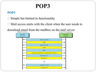 POP3
POP3
 Simple but limited in functionality
 Mail access starts with the client when the user needs to
download email from the mailbox on the mail server
 
