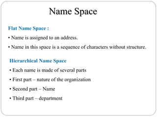 Name SpaceName Space
Flat Name Space :
• Name is assigned to an address.
• Name in this space is a sequence of characters without structure.
Hierarchical Name Space
• Each name is made of several parts
• First part – nature of the organization
• Second part – Name
• Third part – department
 