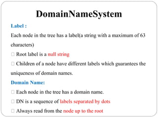25.2 Domain Name SpaceDomainNameSystem
Label :
Each node in the tree has a label(a string with a maximum of 63
characters)
 Root label is a null string
 Children of a node have different labels which guarantees the
uniqueness of domain names.
Domain Name:
 Each node in the tree has a domain name.
 DN is a sequence of labels separated by dots
 Always read from the node up to the root
 