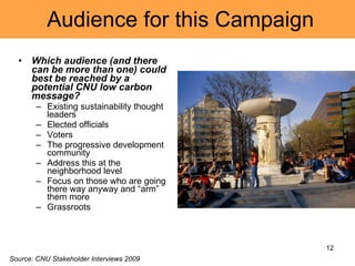 Audience for this Campaign Which audience (and there can be more than one) could best be reached by a potential CNU low carbon message? Existing sustainability thought leaders Elected officials Voters The progressive development community Address this at the neighborhood level Focus on those who are going there way anyway and “arm” them more Grassroots Source: CNU Stakeholder Interviews 2009 