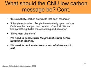 What should the CNU low carbon message be? Cont. “ Sustainability, carbon are words that don’t resonate” “ Lifestyle not carbon. People have to study up on carbon. Carbon – the best you can hopeful is ‘neutral’. We can find something that is more inspiring and personal” “ Drive less/ Live more” We need to decide what the product is first before framing or taglines.  We need to decide who we are and what we want to sell. Source: CNU Stakeholder Interviews 2009 
