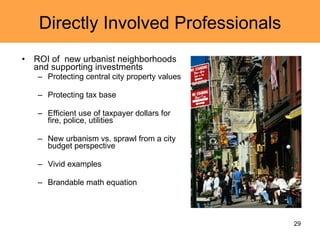 Directly Involved Professionals ROI of  new urbanist neighborhoods and supporting investments Protecting central city property values Protecting tax base Efficient use of taxpayer dollars for fire, police, utilities New urbanism vs. sprawl from a city budget perspective Vivid examples Brandable math equation 