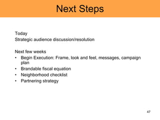 Next Steps Today Strategic audience discussion/resolution Next few weeks Begin Execution: Frame, look and feel, messages, campaign plan Brandable fiscal equation Neighborhood checklist Partnering strategy 