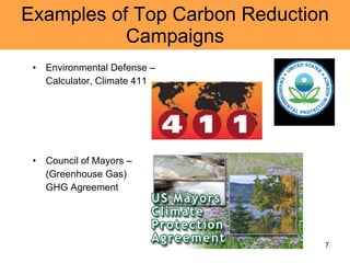 Examples of Top Carbon Reduction Campaigns Environmental Defense –  Calculator, Climate 411 Council of Mayors –  (Greenhouse Gas)  GHG Agreement 