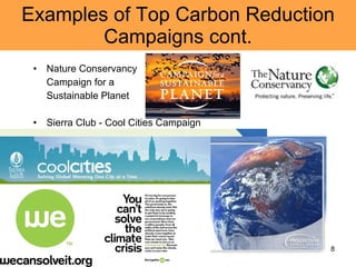Nature Conservancy Campaign for a  Sustainable Planet Sierra Club - Cool Cities Campaign Examples of Top Carbon Reduction Campaigns cont. 