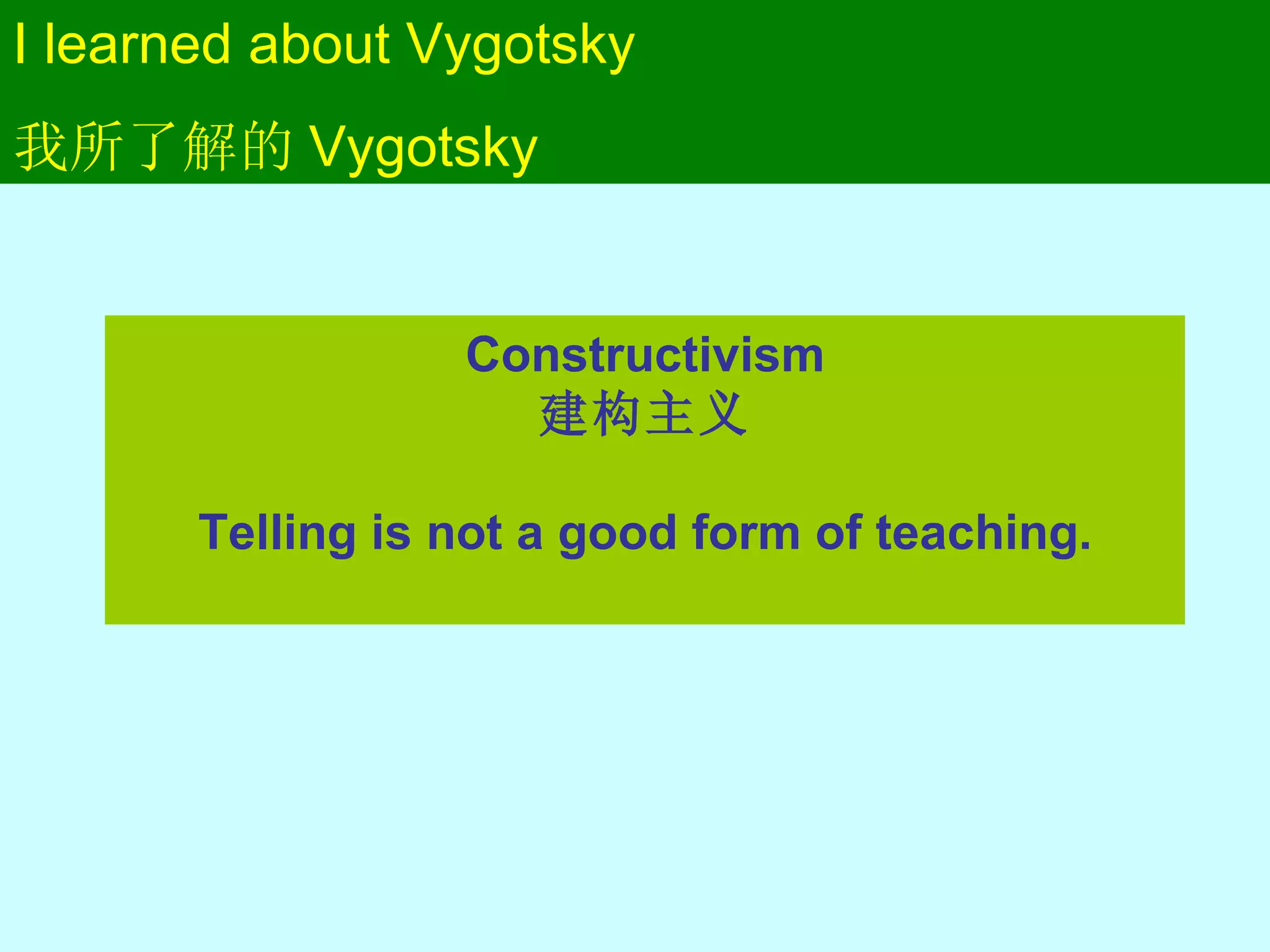 I learned about Vygotsky 我所了解的 Vygotsky Constructivism 建构主义 Telling is not a good form of teaching. 