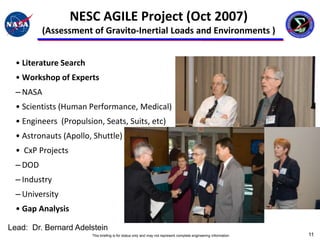 NESC AGILE Project (Oct 2007)
          (Assessment of Gravito-Inertial Loads and Environments )


  • Literature Search
  • Workshop of Experts
  – NASA
  • Scientists (Human Performance, Medical)
  • Engineers (Propulsion, Seats, Suits, etc)
  • Astronauts (Apollo, Shuttle)
  • CxP Projects
  – DOD
  – Industry
  – University
  • Gap Analysis

Lead: Dr. Bernard Adelstein
                        This briefing is for status only and may not represent complete engineering information   11
 