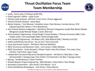 Thrust Oscillation Focus Team
                            Team Membership
•   Leads - Garry Lyles / Eli Rayos (ILSM SIG)
•   Chief Engineer’s Office - Leslie Curtis
•   Vehicle Loads Analysis- Jeff Peck / Isam Yunis / Pravin Aggarwal
•   Vehicle Controls Analysis - Steve Ryan
•   Motor Analysis - Tom Nesman / Jonathan Jones / Dan Dorney / Jeremy Kenny / ATK
      Engineering (Tyler Nester / Terry Boardman)
•   Ares Vehicle Systems Integration - Rob Berry (Element Integration Lead)/ Bob Werka (Global
      Mitigation Lead)/ Belinda Wright / James Sherrard
•   Orion Systems Engineering - Chuck Dingle / Corey Brooker / Thomas Cressman (SM) / John
      Stadler (LAS) / Tom Goodnight (SM) / Keith Schlagel (LM)
•   Ares Systems Engineering - Joe Matus (US) / Rick Ballard (USE) / Wendy Cruit (FS)
•   Safety and Mission Assurance - Ho Jun Lee / Chris Cianciola
•   Crew and Human Factors - Phil Root / Bernard Adelstein
•   NESC Structures and Dynamics Team - Curt Larsen / Alden Mackey
•   NESC Consultants - Scott Horowitz / Gloyer-Taylor Labs (Paul Gloyer, Tim Lewis, Gary
      Flandro, Fred Culick, Vigor Yang)
•   Independent Structural Dynamics Discipline Experts - Hal Doiron / Bob Ryan / Luke
      Schutzenhofer / George Zupp / Ken Smith / Jim Kaminski / Jim Blair / George James
•   Boeing - Ted Bartkowicz / Steve Tomkies
•   Shuttle Booster Project Engineering - Mike Murphy / Steve Ricks / Sam Ortega
•   Aerospace Corporation - John Skratt / Kirk Dotson , et al
•   Pratt and Whitney Rocketdyne - Tom Kmiec / Steve Mercer
                          This briefing is for status only and may not represent complete engineering information   15
 