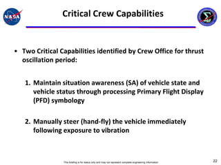 Critical Crew Capabilities


• Two Critical Capabilities identified by Crew Office for thrust
  oscillation period:


   1. Maintain situation awareness (SA) of vehicle state and
      vehicle status through processing Primary Flight Display
      (PFD) symbology

   2. Manually steer (hand-fly) the vehicle immediately
      following exposure to vibration



                This briefing is for status only and may not represent complete engineering information   22
 