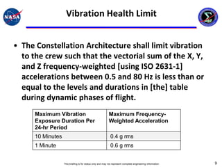 Vibration Health Limit


• The Constellation Architecture shall limit vibration
  to the crew such that the vectorial sum of the X, Y,
  and Z frequency-weighted [using ISO 2631-1]
  accelerations between 0.5 and 80 Hz is less than or
  equal to the levels and durations in [the] table
  during dynamic phases of flight.
      Maximum Vibration                                     Maximum Frequency-
      Exposure Duration Per                                 Weighted Acceleration
      24-hr Period
      10 Minutes                                             0.4 g rms
      1 Minute                                               0.6 g rms


                   This briefing is for status only and may not represent complete engineering information   9
 